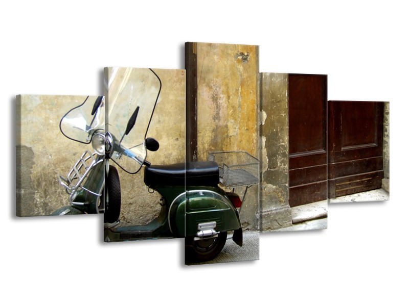 Canvas Schilderij Motor, Scooter | Bruin, Geel, Groen | 150x80cm 5Luik