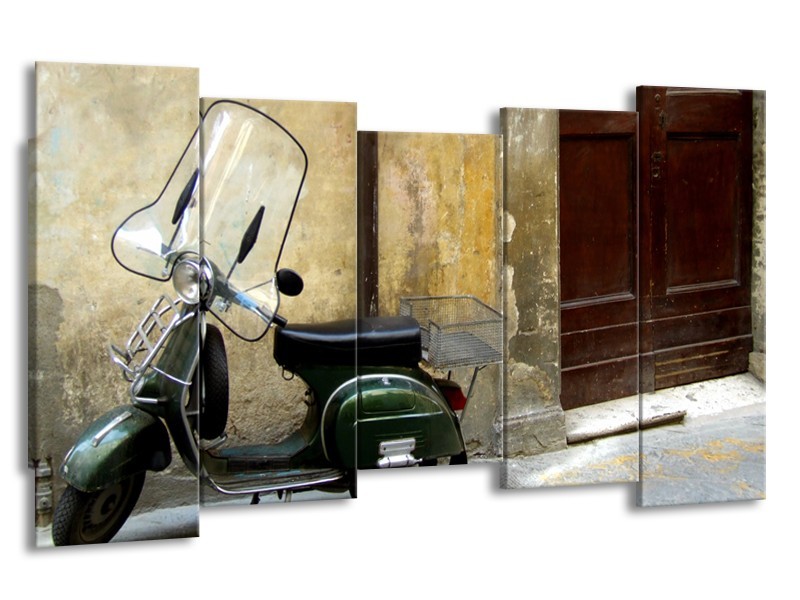 Canvas Schilderij Motor, Scooter | Bruin, Geel, Groen | 150x80cm 5Luik