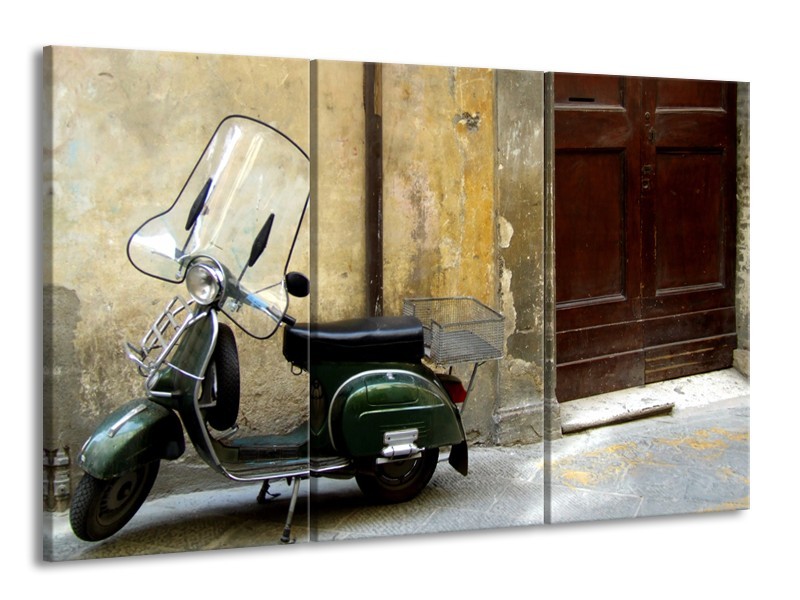 Canvas Schilderij Motor, Scooter | Bruin, Geel, Groen | 165x100cm 3Luik