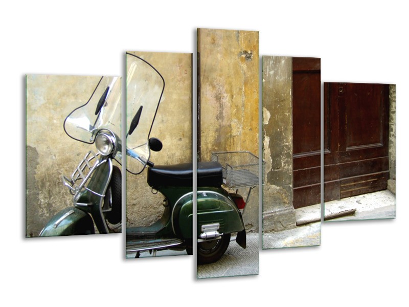 Canvas Schilderij Motor, Scooter | Bruin, Geel, Groen | 170x100cm 5Luik