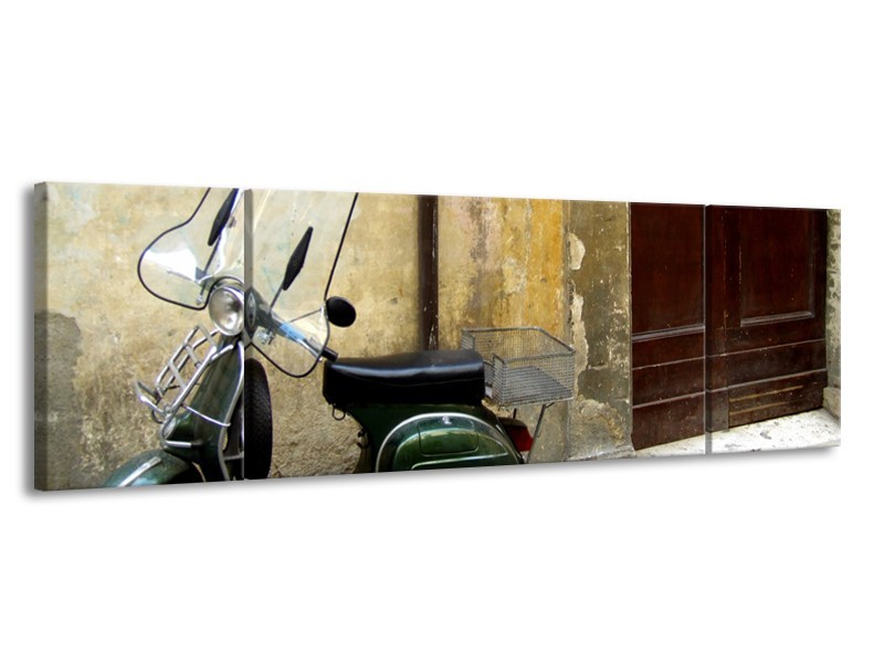 Canvas Schilderij Motor, Scooter | Bruin, Geel, Groen | 170x50cm 3Luik