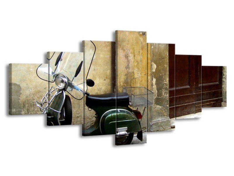 Canvas Schilderij Motor, Scooter | Bruin, Geel, Groen | 210x100cm 7Luik