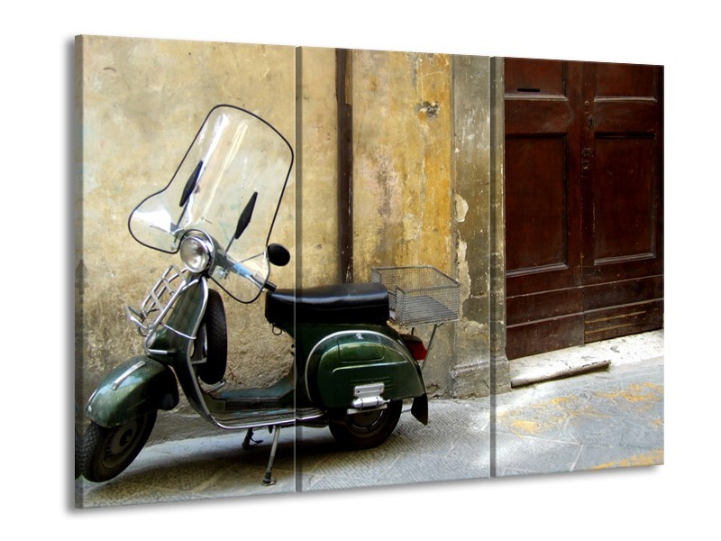 Canvas Schilderij Motor, Scooter | Bruin, Geel, Groen | 60x90cm 3Luik