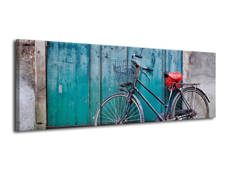 Glasschilderij Fiets | Blauw, Groen, Grijs | 120x40cm 3Luik