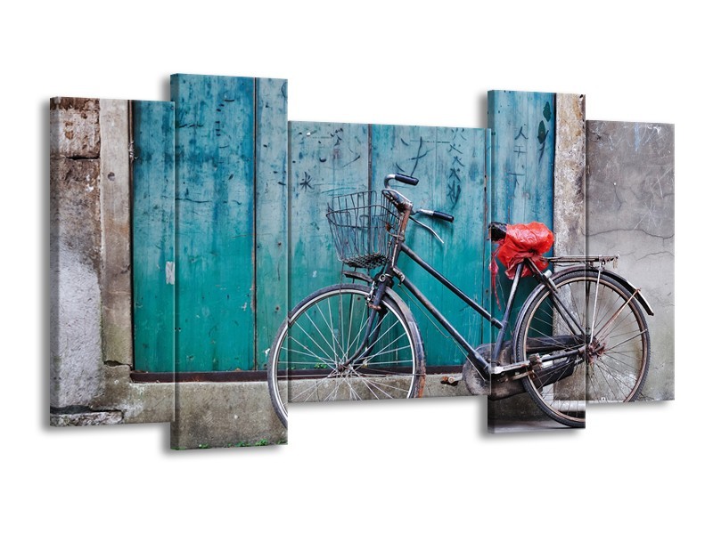 Canvas Schilderij Fiets | Blauw, Groen, Grijs | 120x65cm 5Luik