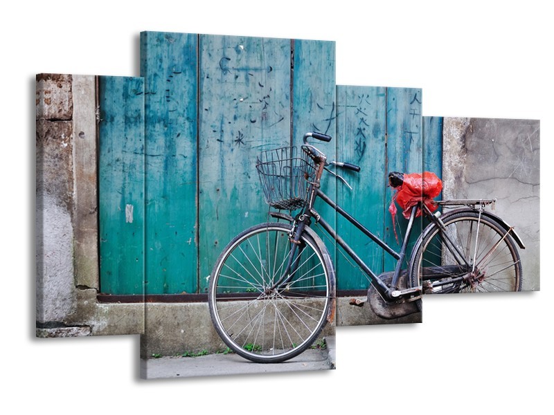 Canvas Schilderij Fiets | Blauw, Groen, Grijs | 120x75cm 4Luik