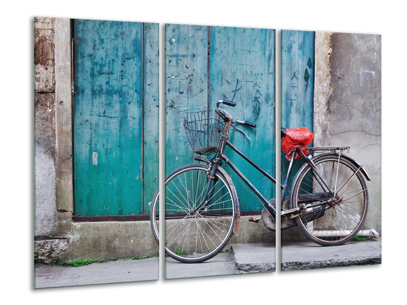 Glasschilderij Fiets | Blauw, Groen, Grijs | 120x80cm 3Luik