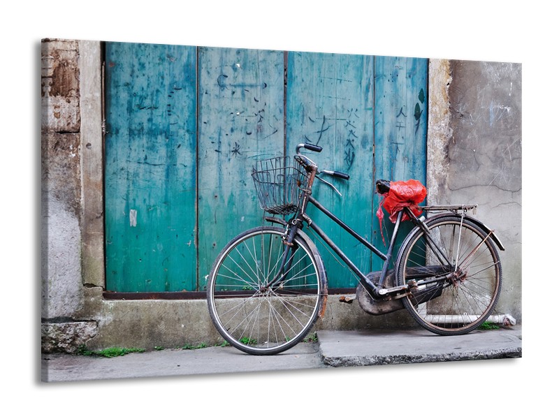 Canvas Schilderij Fiets | Blauw, Groen, Grijs | 140x90cm 1Luik