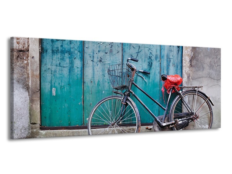 Canvas Schilderij Fiets | Blauw, Groen, Grijs | 145x58cm 1Luik