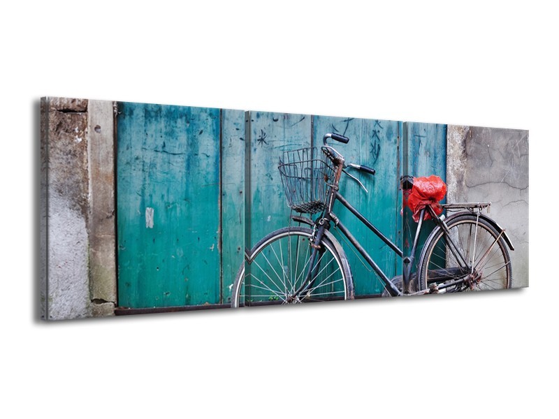 Canvas Schilderij Fiets | Blauw, Groen, Grijs | 150x50cm 3Luik