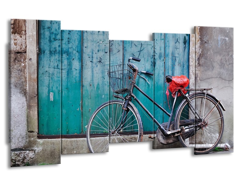 Canvas Schilderij Fiets | Blauw, Groen, Grijs | 150x80cm 5Luik