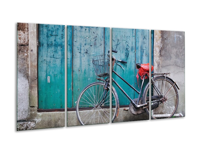 Canvas Schilderij Fiets | Blauw, Groen, Grijs | 160x80cm 4Luik