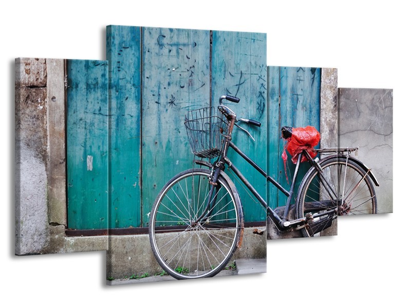 Canvas Schilderij Fiets | Blauw, Groen, Grijs | 160x90cm 4Luik