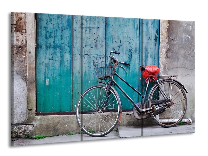 Canvas Schilderij Fiets | Blauw, Groen, Grijs | 165x100cm 3Luik