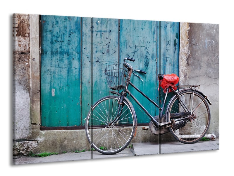 Canvas Schilderij Fiets | Blauw, Groen, Grijs | 165x100cm 3Luik