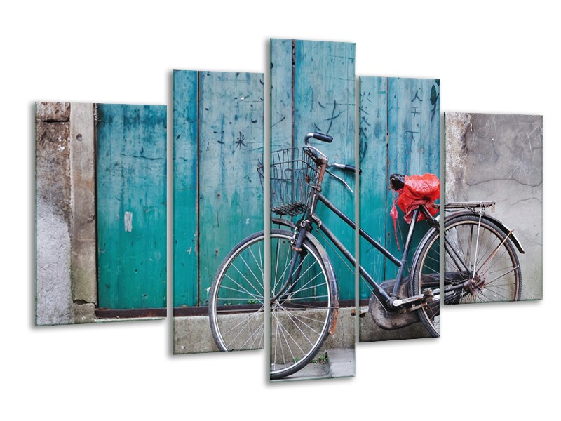 Canvas Schilderij Fiets | Blauw, Groen, Grijs | 170x100cm 5Luik