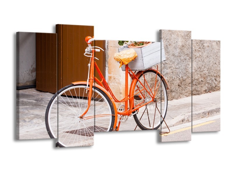 Glasschilderij Fiets | Oranje, Geel, Bruin | 120x65cm 5Luik