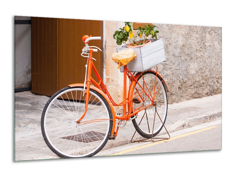 Glasschilderij Fiets | Oranje, Geel, Bruin | 120x70cm 1Luik