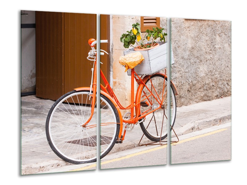 Glasschilderij Fiets | Oranje, Geel, Bruin | 120x80cm 3Luik