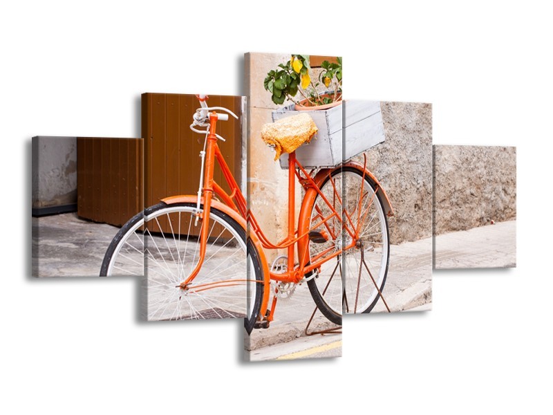 Glasschilderij Fiets | Oranje, Geel, Bruin | 125x70cm 5Luik