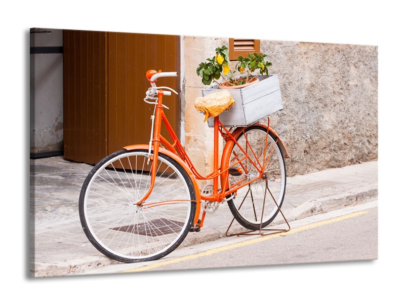 Glasschilderij Fiets | Oranje, Geel, Bruin | 140x90cm 1Luik