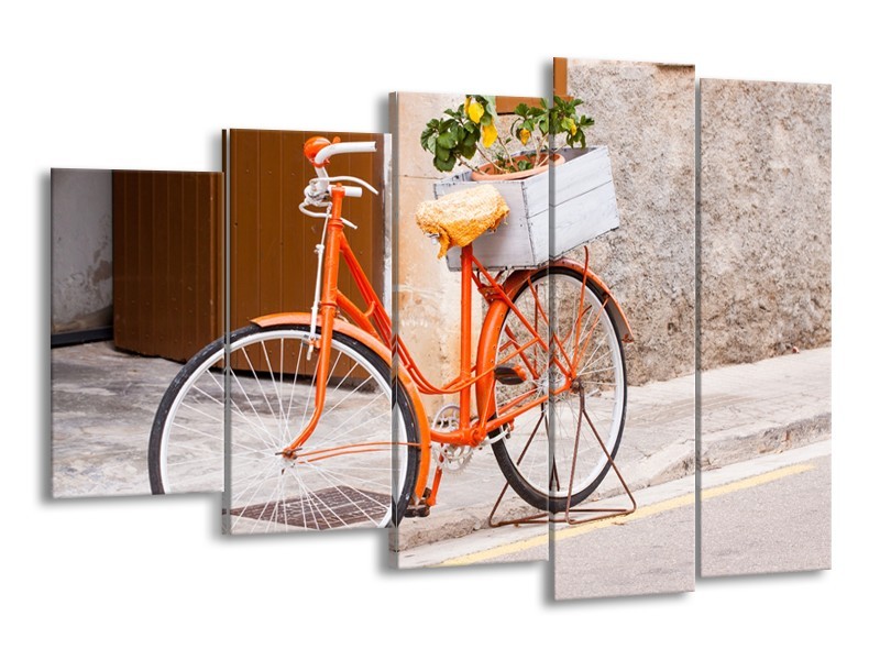 Canvas Schilderij Fiets | Oranje, Geel, Bruin | 150x100cm 5Luik