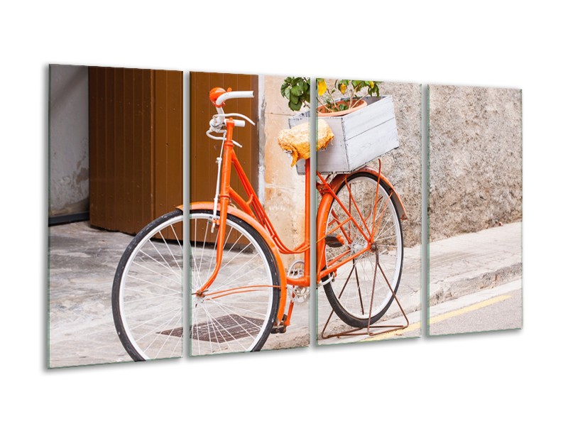 Glasschilderij Fiets | Oranje, Geel, Bruin | 160x80cm 4Luik