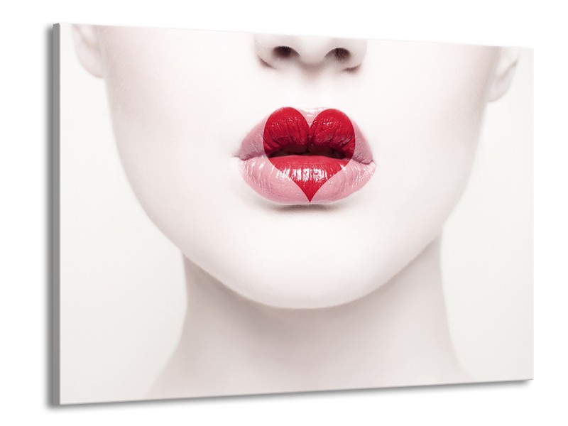 Canvas Schilderij Lippen, Hart, Gezicht | Wit, Rood, Crème | 100x70cm 1Luik