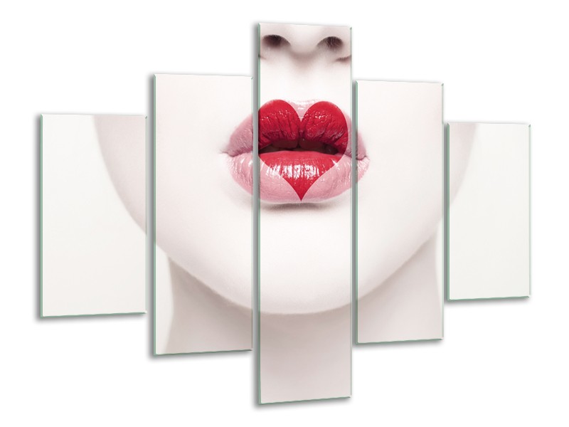 Glasschilderij Lippen, Hart, Gezicht | Wit, Rood, Crème | 100x70cm 5Luik