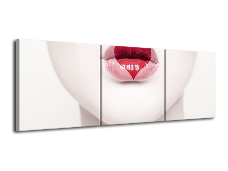 Canvas Schilderij Lippen, Hart, Gezicht | Wit, Rood, Crème | 120x40cm 3Luik