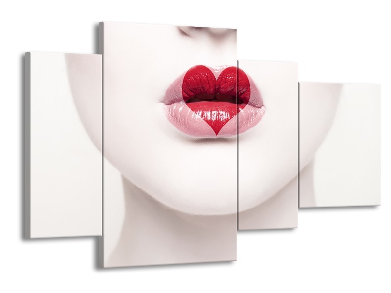 Glasschilderij Lippen, Hart, Gezicht | Wit, Rood, Crème | 120x75cm 4Luik