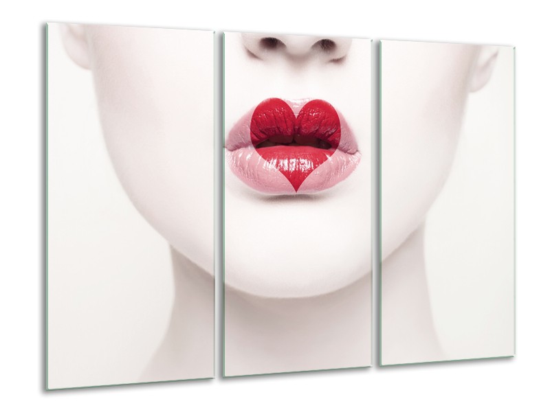 Canvas Schilderij Lippen, Hart, Gezicht | Wit, Rood, Crème | 120x80cm 3Luik