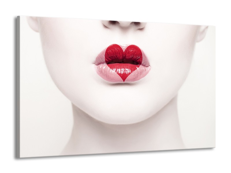 Canvas Schilderij Lippen, Hart, Gezicht | Wit, Rood, Crème | 140x90cm 1Luik