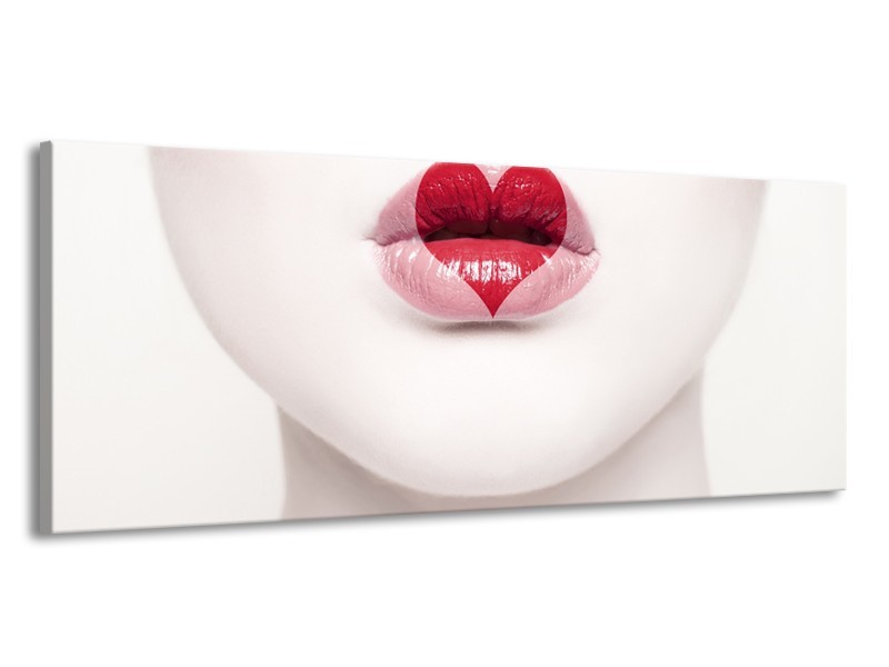 Canvas Schilderij Lippen, Hart, Gezicht | Wit, Rood, Crème | 145x58cm 1Luik