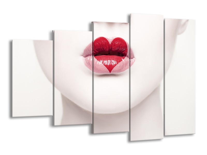 Canvas Schilderij Lippen, Hart, Gezicht | Wit, Rood, Crème | 150x100cm 5Luik