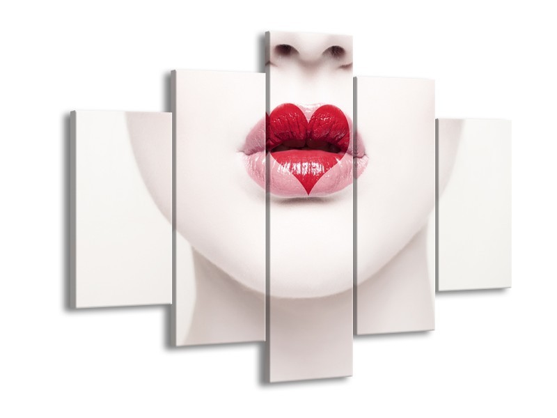 Canvas Schilderij Lippen, Hart, Gezicht | Wit, Rood, Crème | 150x105cm 5Luik