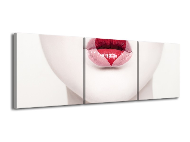 Canvas Schilderij Lippen, Hart, Gezicht | Wit, Rood, Crème | 150x50cm 3Luik