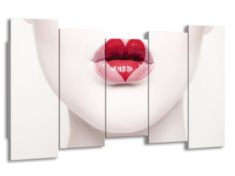 Canvas Schilderij Lippen, Hart, Gezicht | Wit, Rood, Crème | 150x80cm 5Luik