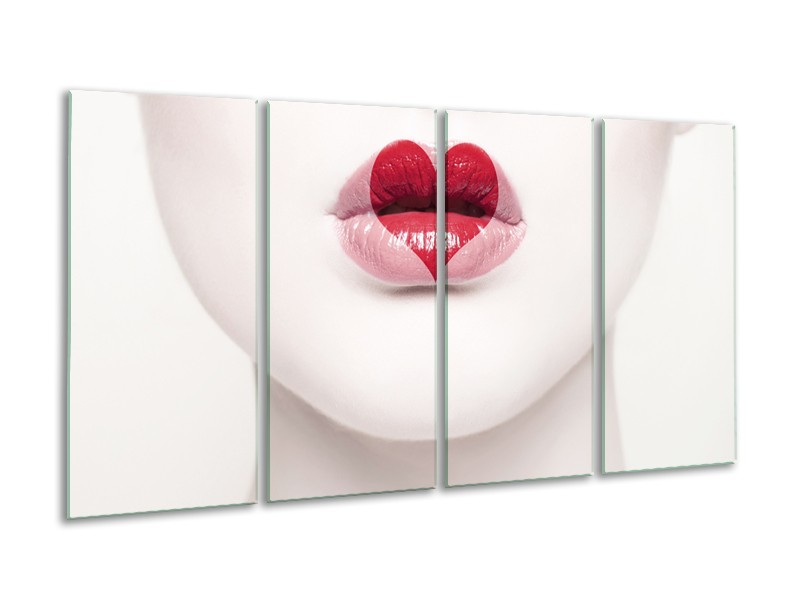 Canvas Schilderij Lippen, Hart, Gezicht | Wit, Rood, Crème | 160x80cm 4Luik