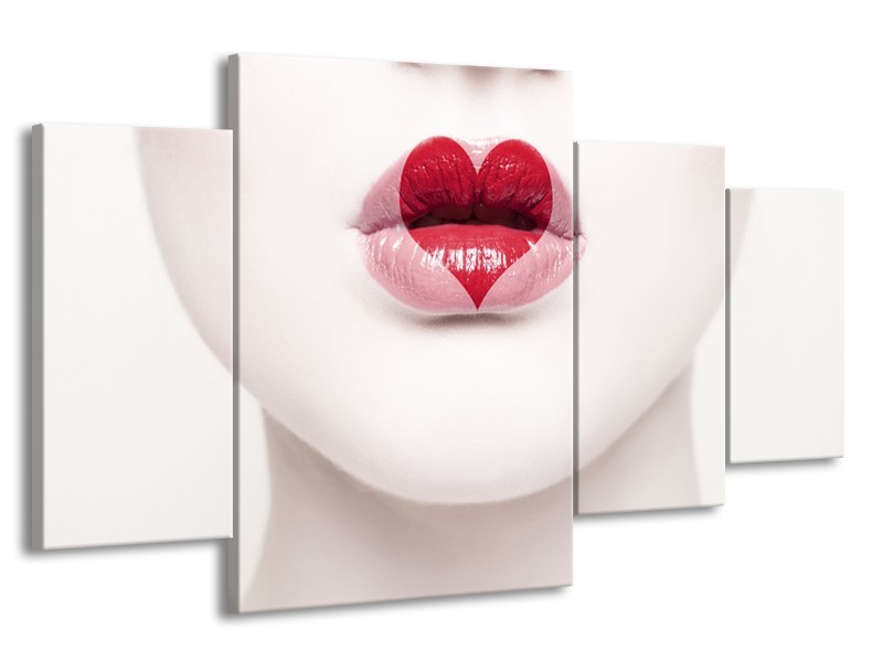 Canvas Schilderij Lippen, Hart, Gezicht | Wit, Rood, Crème | 160x90cm 4Luik