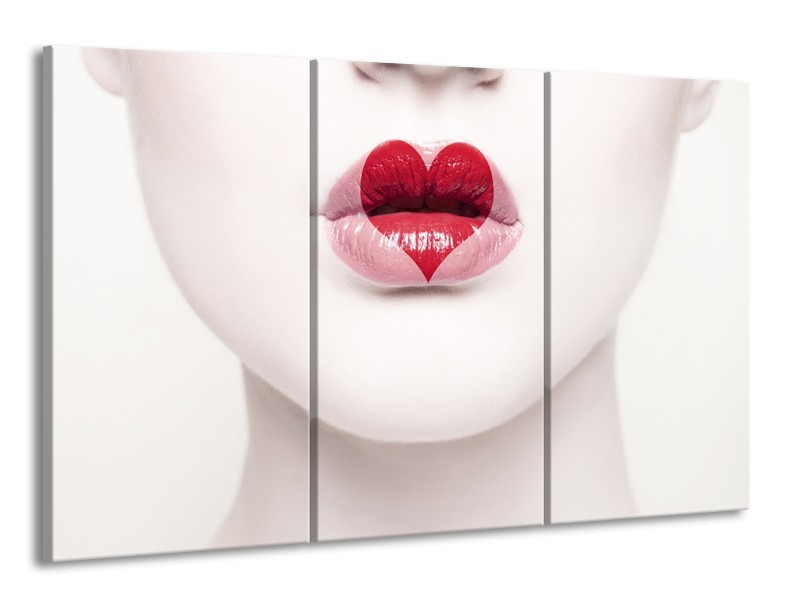 Glasschilderij Lippen, Hart, Gezicht | Wit, Rood, Crème | 165x100cm 3Luik