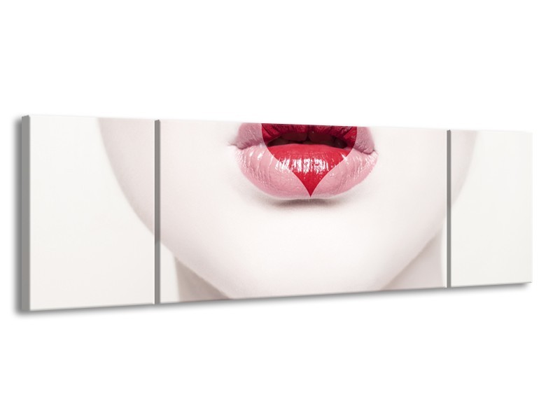 Canvas Schilderij Lippen, Hart, Gezicht | Wit, Rood, Crème | 170x50cm 3Luik