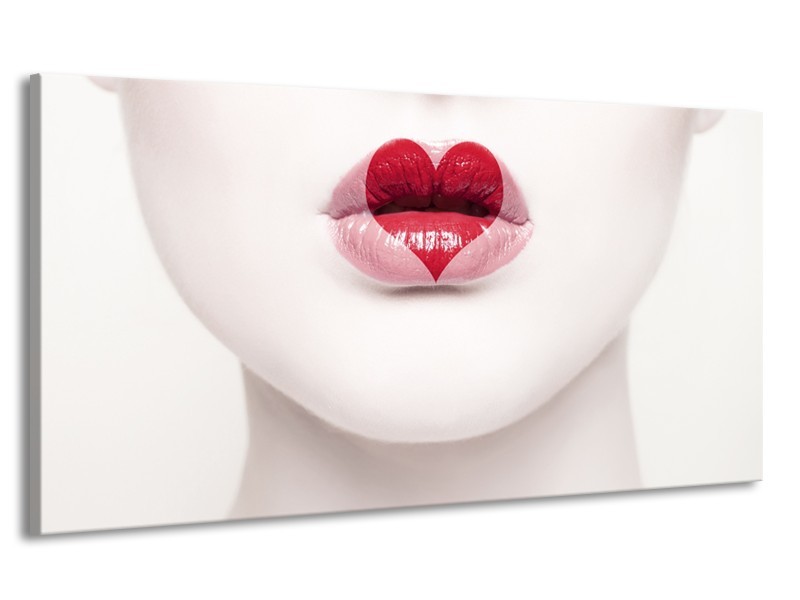 Canvas Schilderij Lippen, Hart, Gezicht | Wit, Rood, Crème | 170x90cm 1Luik