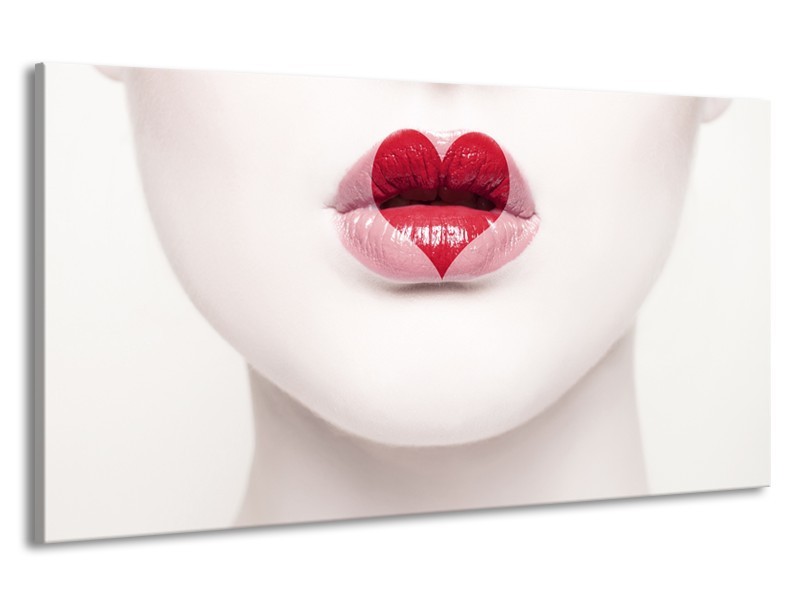 Canvas Schilderij Lippen, Hart, Gezicht | Wit, Rood, Crème | 190x100cm 1Luik