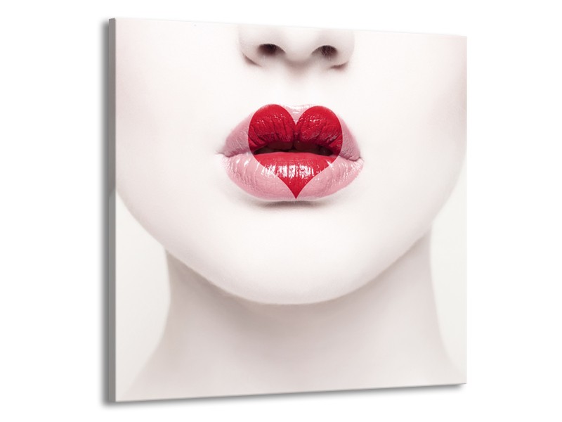 Canvas Schilderij Lippen, Hart, Gezicht | Wit, Rood, Crème | 50x50cm 1Luik