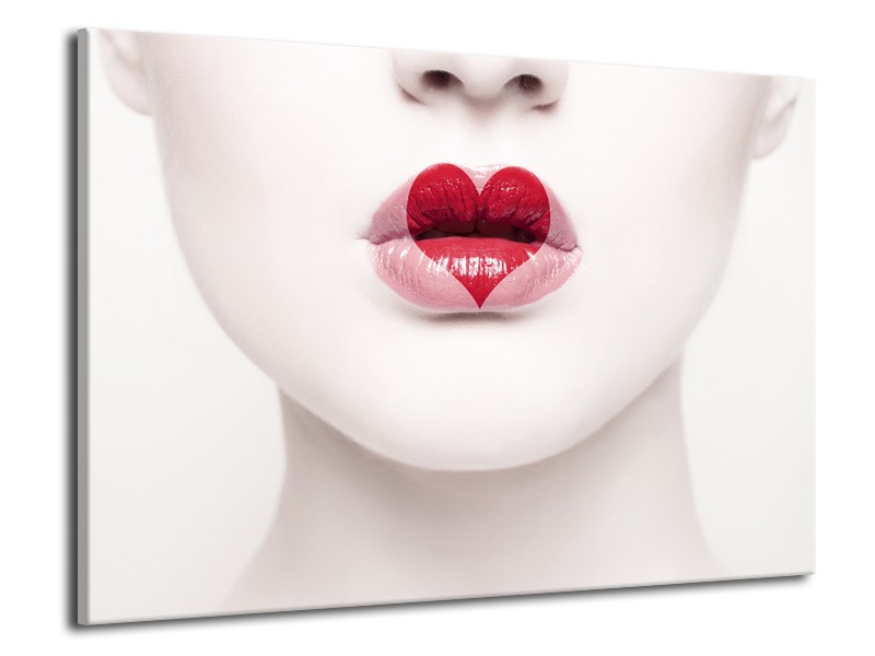 Canvas Schilderij Lippen, Hart, Gezicht | Wit, Rood, Crème | 70x50cm 1Luik