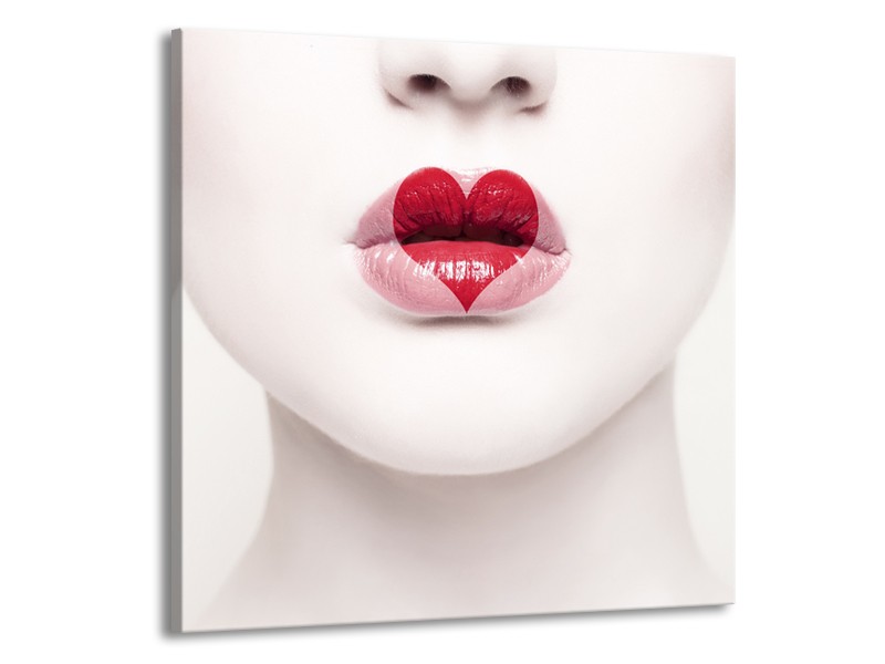 Glasschilderij Lippen, Hart, Gezicht | Wit, Rood, Crème | 70x70cm 1Luik