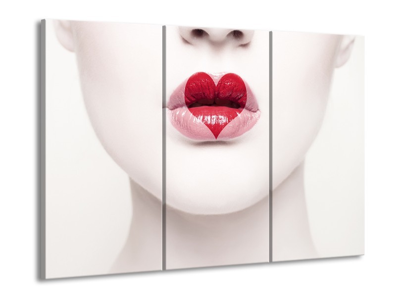 Canvas Schilderij Lippen, Hart, Gezicht | Wit, Rood, Crème | 60x90cm 3Luik
