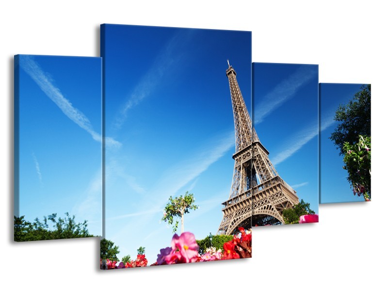 Canvas Schilderij Parijs, Eiffeltoren | Blauw, Rood, Groen | 160x90cm 4Luik