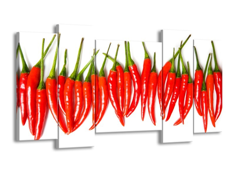 Canvas Schilderij Paprika, Keuken | Wit, Rood, Groen | 120x65cm 5Luik